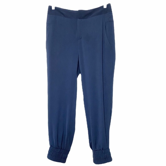 HELMUT LANG WOMEN'S NAVY HIGH RISE RELAXED ELASTIC CUFFS CROPPED DRESS PANTS - Picture 1 of 9